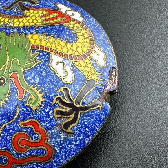 Vintage Round Puffy Double Sided Chinese Dragon Cloisonne Pendant 1.75" Blue - Picture 8 of 13